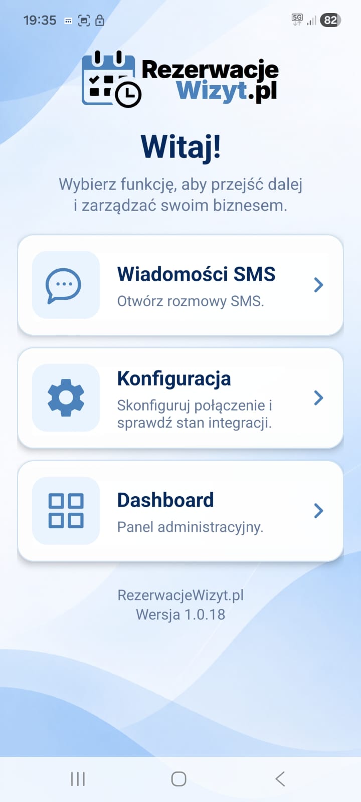 Ekran główny aplikacji RezerwacjeWizyt.pl dla biznesu z dostępem do wiadomości SMS, konfiguracji i panelu administracyjnego